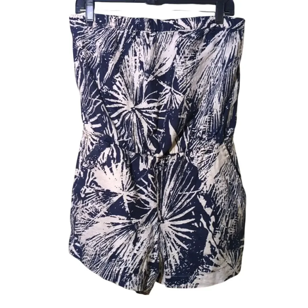 Banana Republic Navy/White 100% Linen Strapless Shorts Romper Womens Sz 8